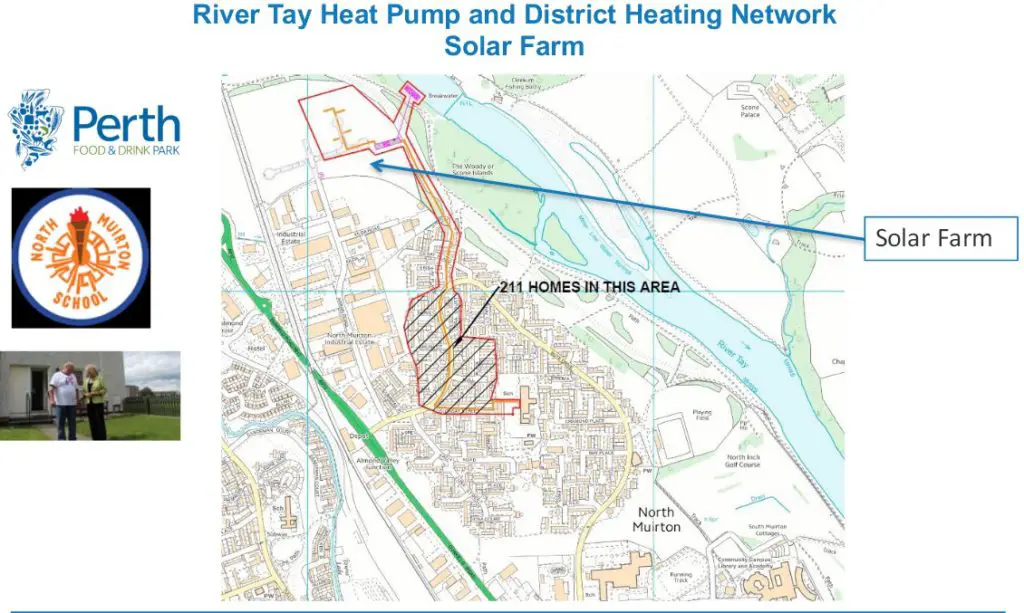 Map showing River Tay Water Source Heat Pump and District Heating Network along with the Solar Farm location